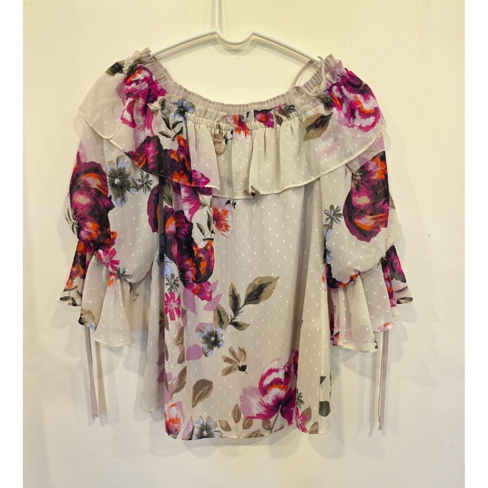 Fairycore Boho Romance Flowy Floral Off Shoulder Ruffle Chiffon Blouse Size S